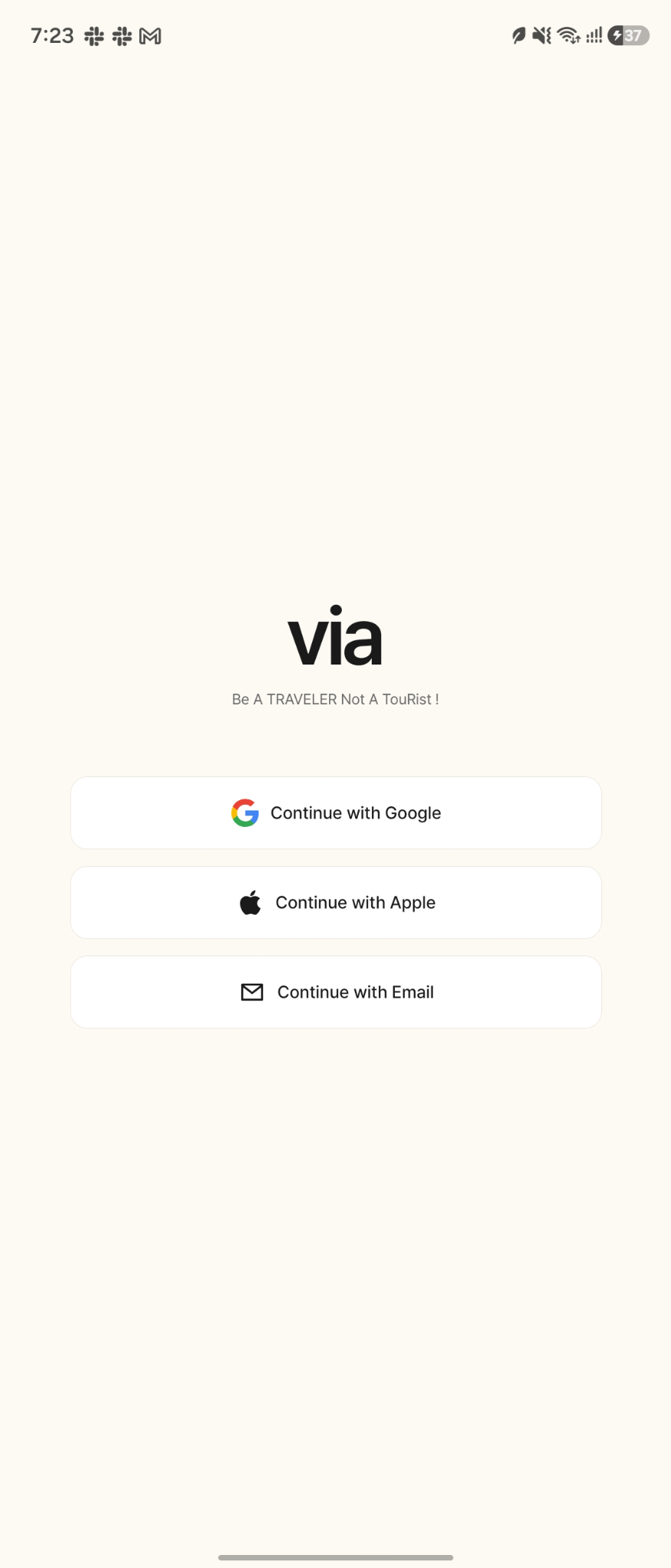 VIA welcome screen